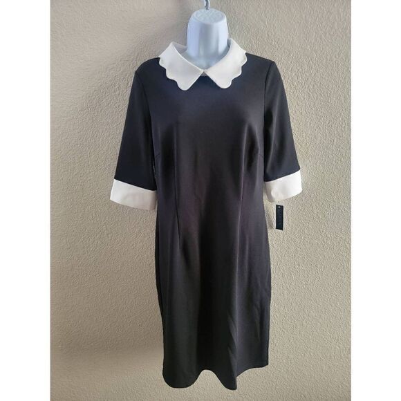 Glamour Women's Black Short Sleeve Scallop Peterpan Collar Shift Dress Size 8NWT - Picture 1 of 6